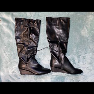 Wedge heel black knee high boots